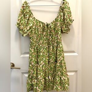 Puff Sleeve Green with Pink Flowers Milkmaid Peasant Dress​​